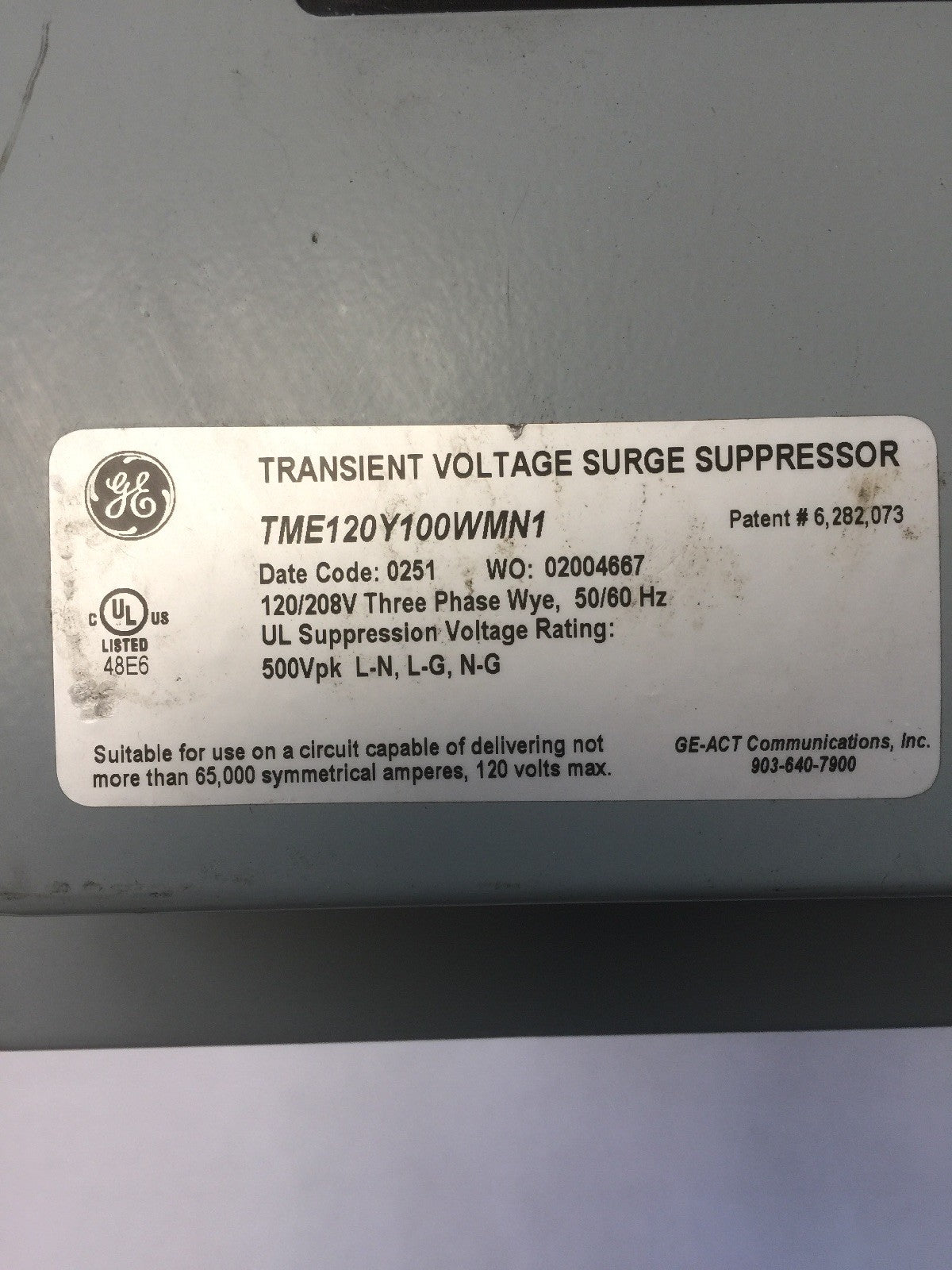 GE TME120Y100WMN1 TRANSIENT VOLTAGE SURGE SUPPRESSOR 120/208V THREE PHASE 50/60H