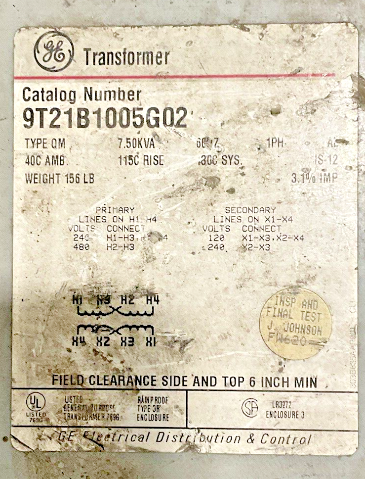 GENERAL ELECTRIC 9T21B1005G02 TRANSFORMER 7.50KVA TYPE QM 1PH