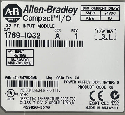 ALLEN BRADLEY 1769-IQ32 COMPACT I/O 32PT INPUT MODULE SER A REV 1 F/W REV 3.1