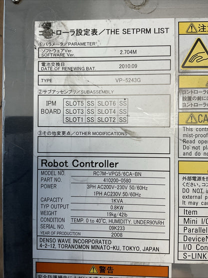DENSO RC7M-VPG5/6CA-BN ROBOT CONTROLLER SOFTWARE VER 2.70M 3PH 200-230VAC 1KVA