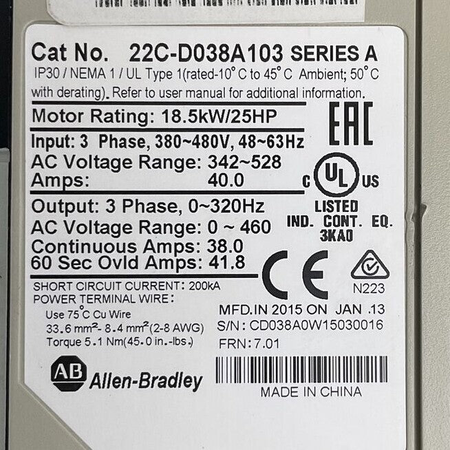 ALLEN BRADLEY 22C-D038A103 SER A FRN 7.01 AC DRIVE OUTPUT 0-460VAC 18.5kW/25HP