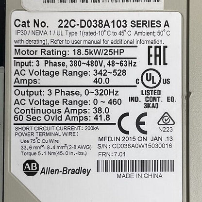 ALLEN BRADLEY 22C-D038A103 SER A FRN 7.01 AC DRIVE OUTPUT 0-460VAC 18.5kW/25HP