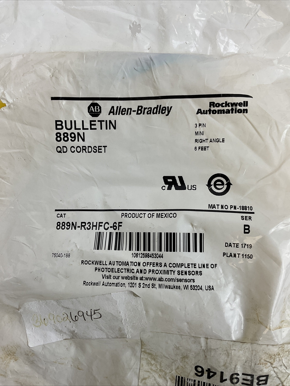 ALLEN BRADLEY 889N-R3HFC-6F QD CORDSET 3PIN 6FT. MINI RIGHT ANGLE SER.B