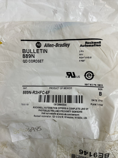 ALLEN BRADLEY 889N-R3HFC-6F QD CORDSET 3PIN 6FT. MINI RIGHT ANGLE SER.B