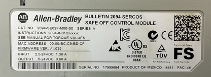 ALLEN BRADLEY 2094-BMP5-M AXIS POWER 2094-SE02F-M00-S0 SAFE OFF FW VER V1.035