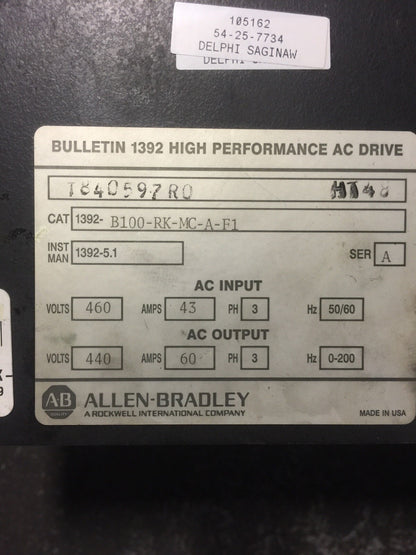 ALLEN BRADLEY 1392-B100-RK-MC-A-F1 AC DRIVE SER A INPUT 460VAC 43A OUTPUT 440vac