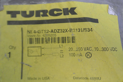 TURCK NI4-GT12-ADZ32X-B3131/S34 PROXIMITY SENSOR / 20-250VAC / 100mA / 10-300VDC