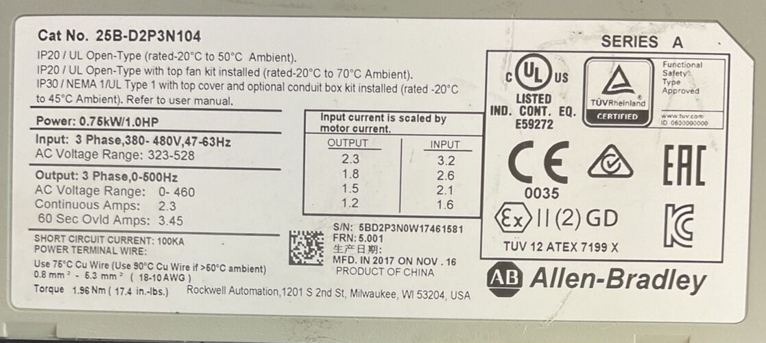 ALLEN BRADLEY 25B-D2P3N104 AC DRIVE FRN 5.001 OUTPUT 0-460VAC SER A POWERFLEX