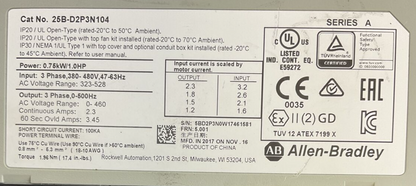 ALLEN BRADLEY 25B-D2P3N104 AC DRIVE FRN 5.001 OUTPUT 0-460VAC SER A POWERFLEX