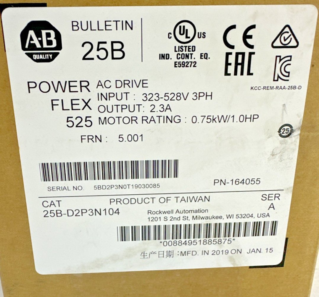 ALLEN-BRADLEY 25B-D2P3N104 AC DRIVE SER.A 528V FRN:5.001 0.75KW 1HP 2.3A