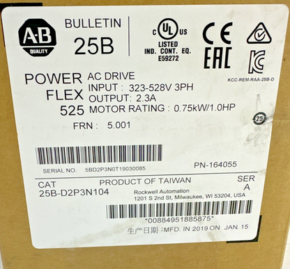 ALLEN-BRADLEY 25B-D2P3N104 AC DRIVE SER.A 528V FRN:5.001 0.75KW 1HP 2.3A