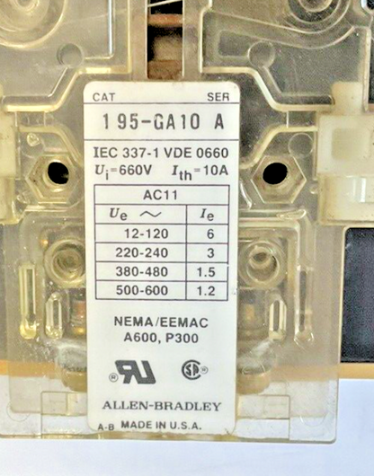 ALLEN BRADLEY 100-A45N*3 CONTACTOR SER.C 45A W/ 195GA10 AUX SER.A