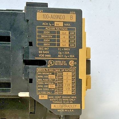 ALLEN BRADLEY 100-A09ND3 CONTACTOR SER B 600VAC 9A W/ 193-BSB60 RELAY 4-6A SER.B