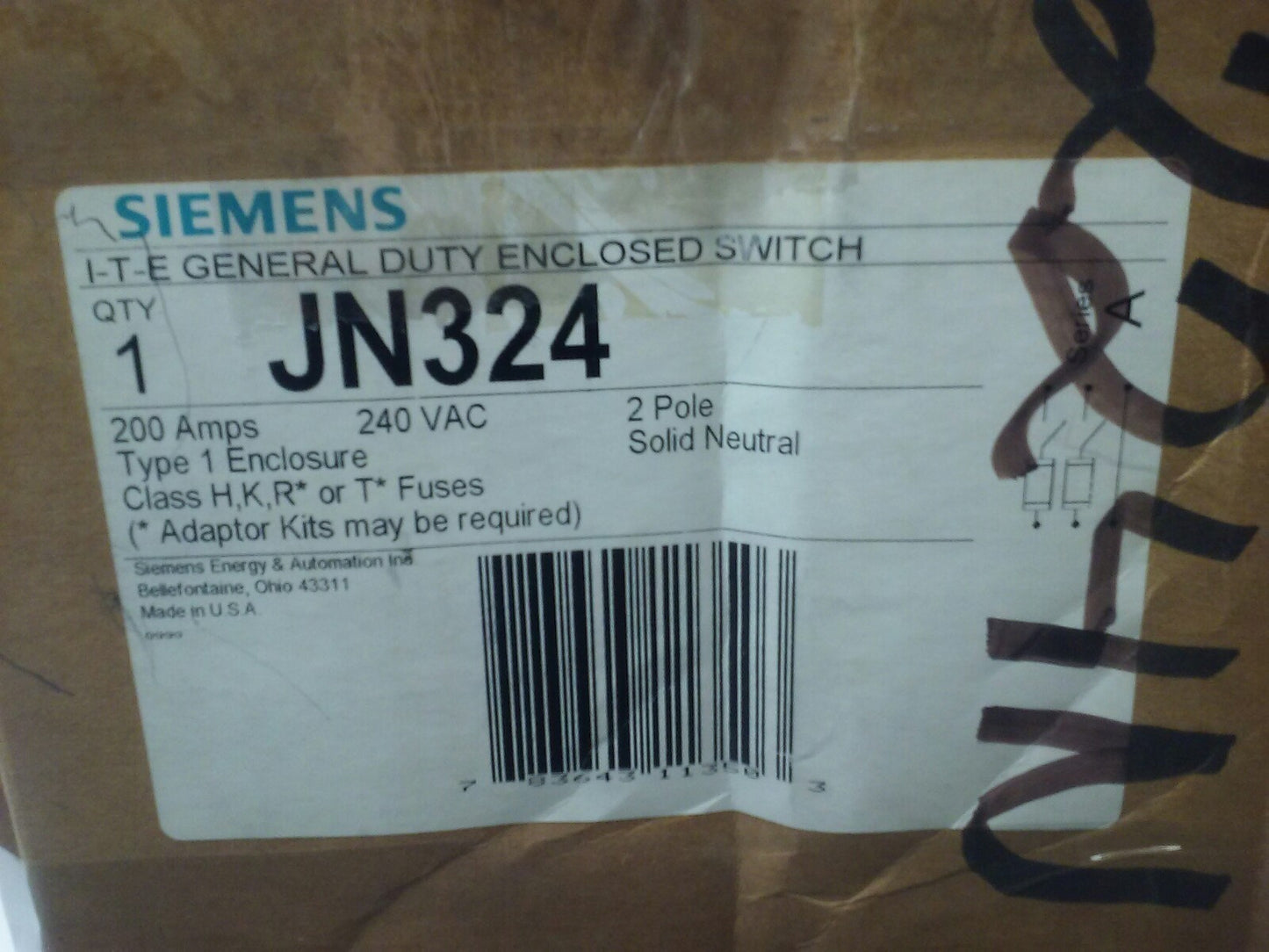 SIEMENS JN324 FUSIBLE SAFETY SWITCH 2P, 1PH, 200A, 240V, 15HP, TYPE 1 INDOOR