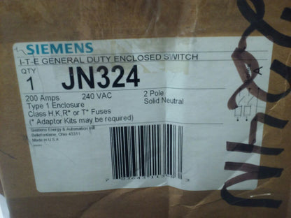 SIEMENS JN324 FUSIBLE SAFETY SWITCH 2P, 1PH, 200A, 240V, 15HP, TYPE 1 INDOOR