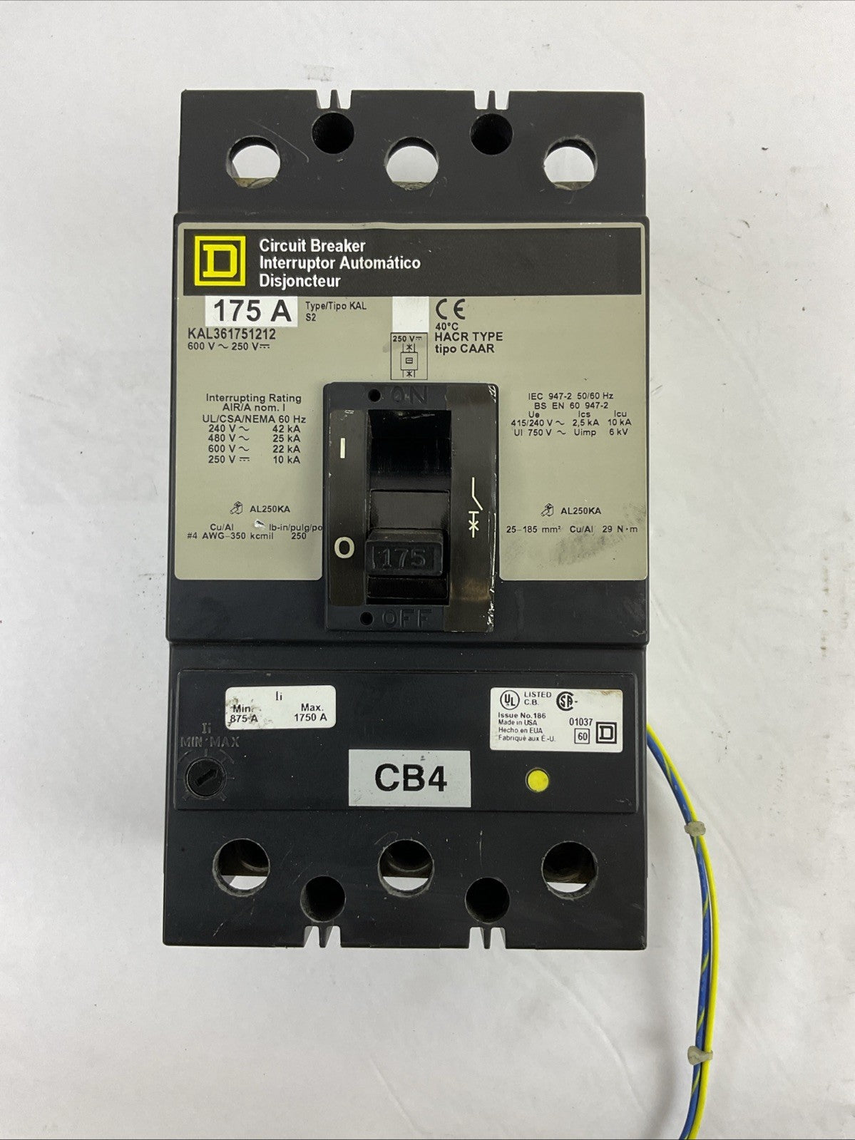 SQUARE D KAL361751212 CIRCUIT BREAKER 175A 600VAC 250VDC 3POLE