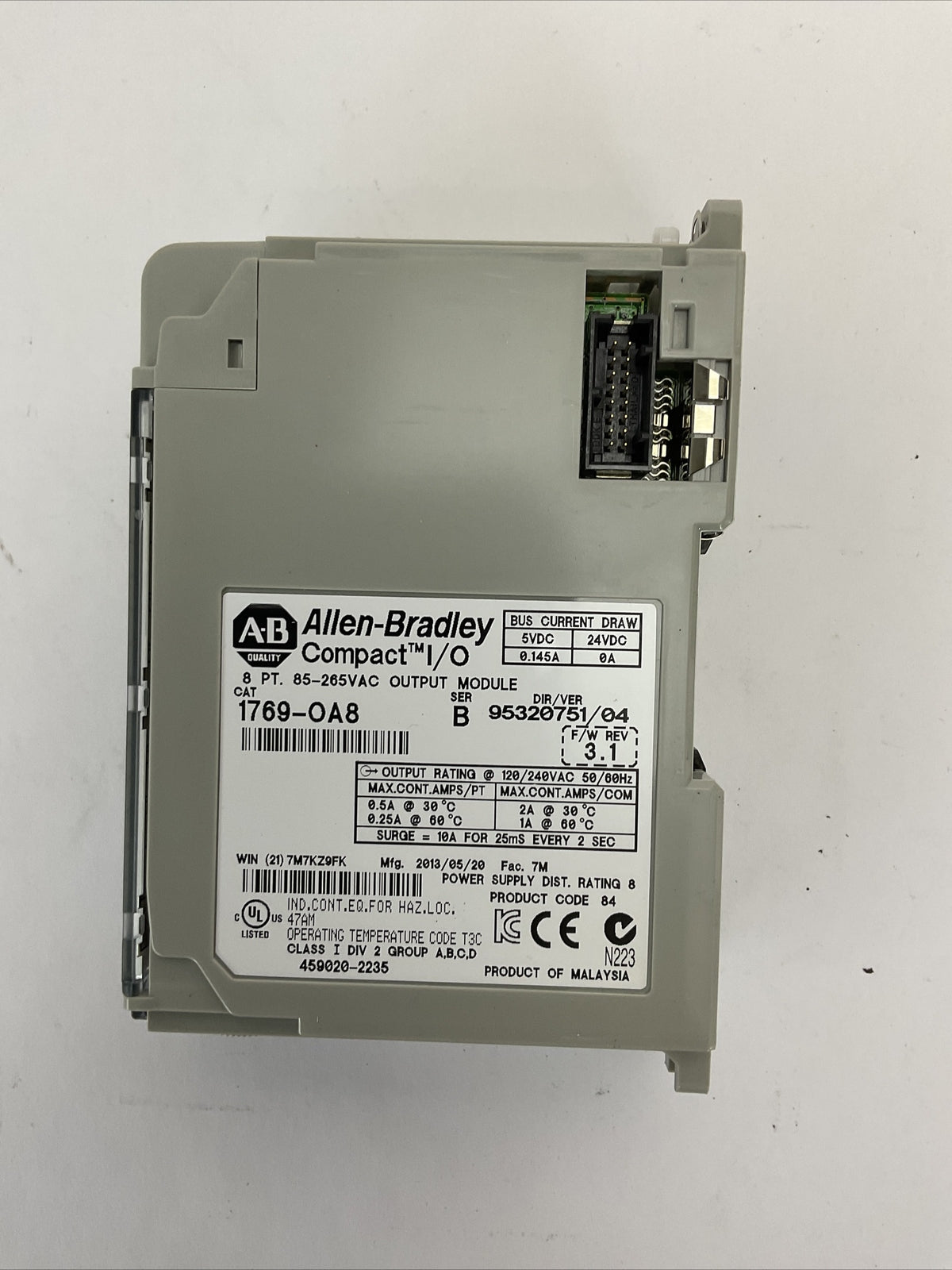 ALLEN BRADLEY 1769-OA8 SER B F/W REV 3.1 DIR/VER 95320751/04 8PT 85-265VAC OUTPU