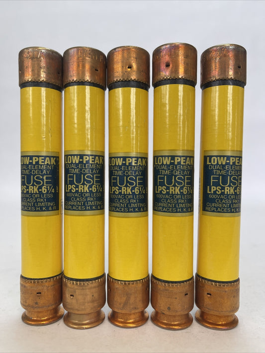 COOPER BUSSMANN LPS-RK-6 1/4 LOW-PEAK DUAL ELEMENT FUSE 600VAC 6-1/4A (LOT OF 5)
