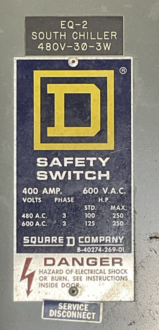 SQUARE D H365 FUSIBLE SAFETY SWITCH TYPE 1 SERIES E1 400A 600VAC 3PH MAX 350HP