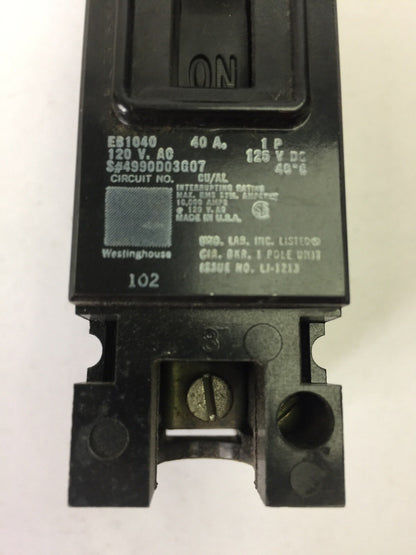 WESTINGHOUSE EB1040 CIRCUIT BREAKER 40AMP 1POLE 120/240VAC 125VDC 4990D03G07