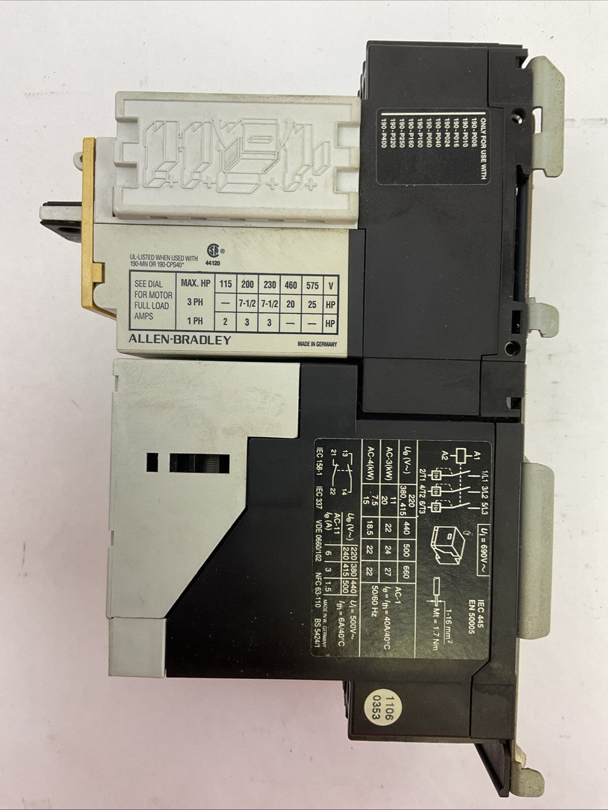 ALLEN BRADLEY STARTER 190-A40 SER B COIL 120V 190-P250 SER A 190-A11-11 SER A