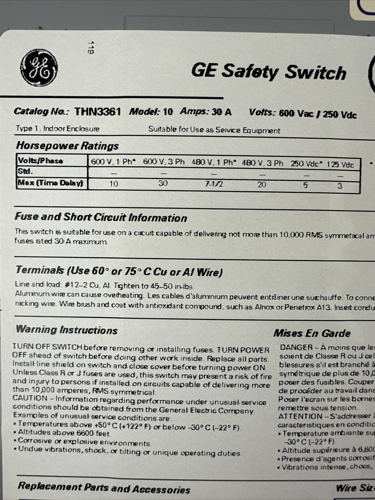 GE THN3361 MODEL 10 SAFETY SWITCH 30A 600VAC 3PH 30HP 250VDC 5HP NON-FUSIBLE