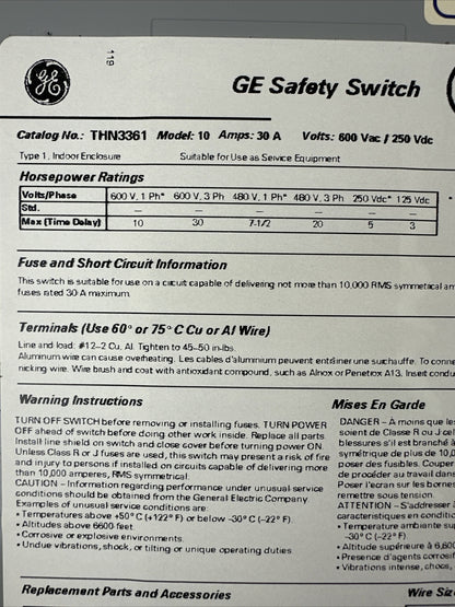 GE THN3361 MODEL 10 SAFETY SWITCH 30A 600VAC 3PH 30HP 250VDC 5HP NON-FUSIBLE