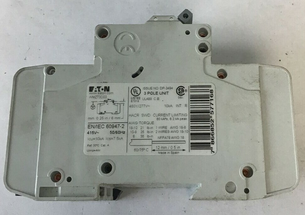 EATON WMZT3D03 CIRCUIT BREAKER 3A 480Y/277VAC 10KA 3 POLE 50/60HZ
