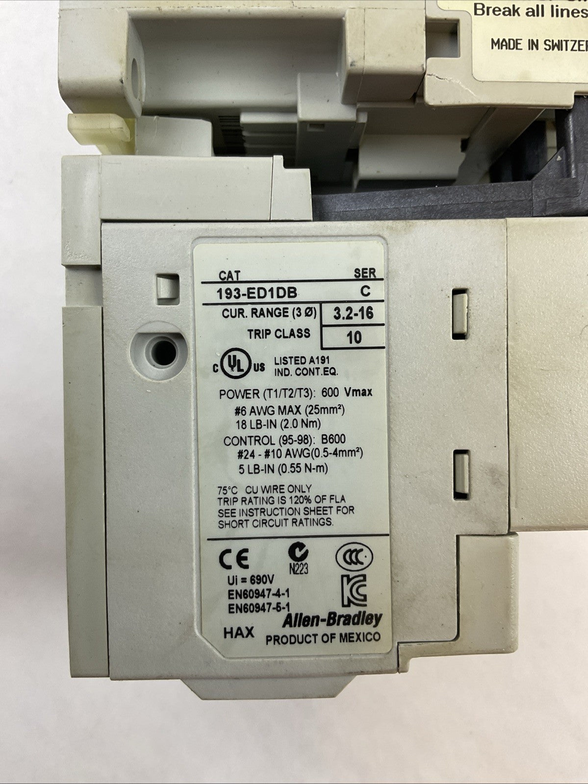 ALLEN BRADLEY STARTER (100-C09*10 CONTACTOR COIL 120V 193-ED1DB RELAY 3.2-16AMP)