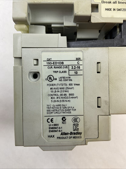 ALLEN BRADLEY STARTER (100-C09*10 CONTACTOR COIL 120V 193-ED1DB RELAY 3.2-16AMP)