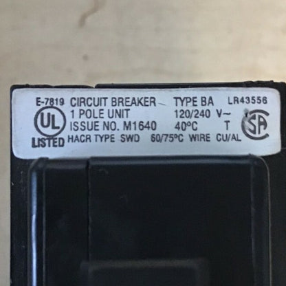 CUTLER HAMMER BA120 CIRCUIT BREAKER 20A 120/240VAC TYPE BA 1POLE ***LOTOF8***