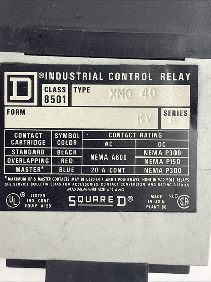 SQUARE D 8501 XM040 INDUSTRIAL CONTROL RELAY FORM KV SER A COIL 120V 60HZ