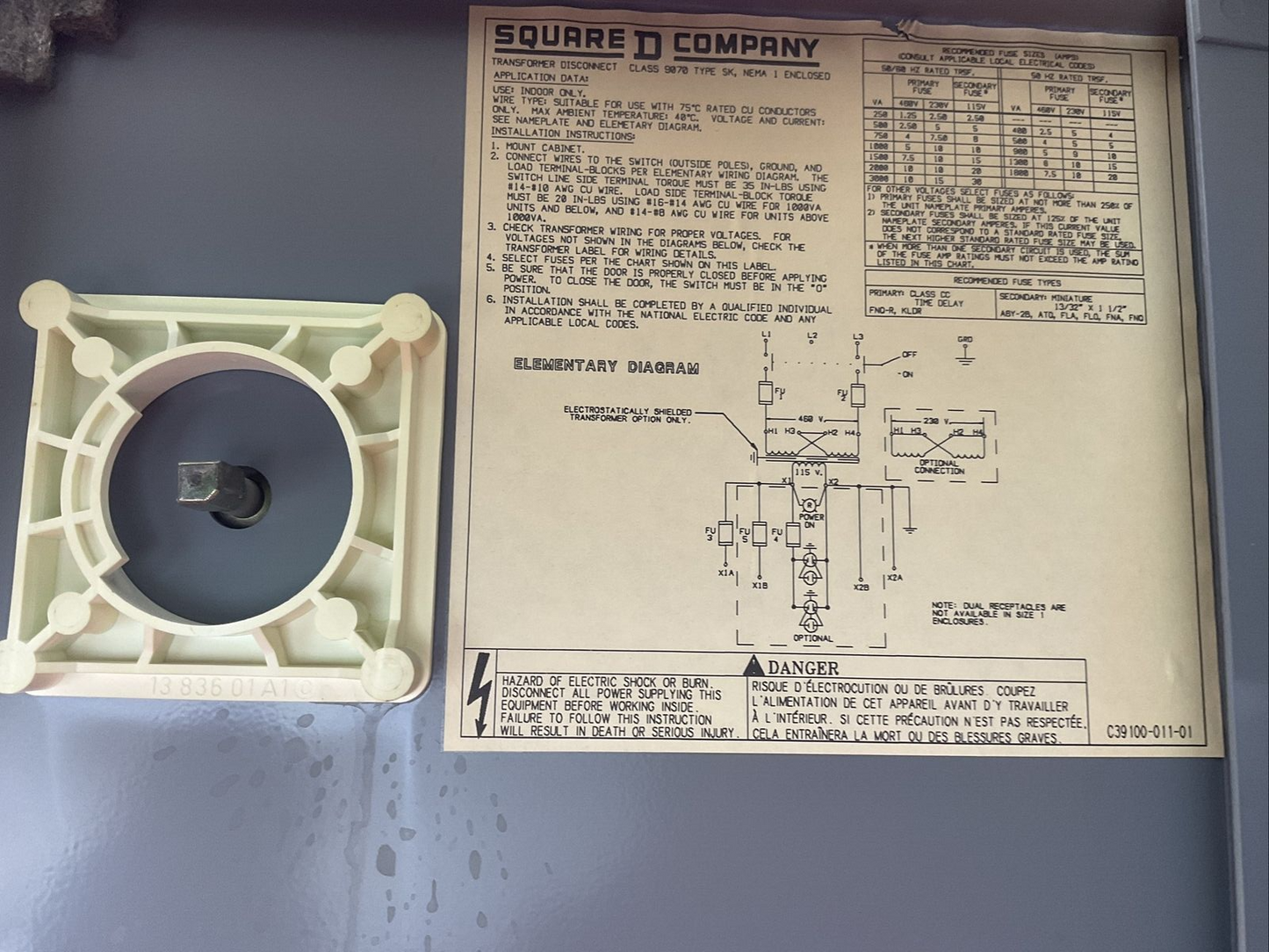 SQUARE D 9070 SK1000G1 TRANSFORMER DISCONNECT SER A PRI VOLT 230 4.35A 460 2.17A