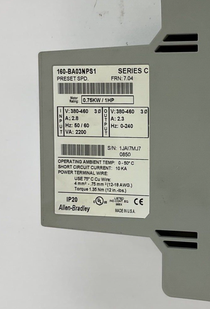 ALLEN BRADLEY 160-BA03NPS1 SPEED CONTROLLER SER.C FRN7.04 1HP .75KW 460V 2.8A