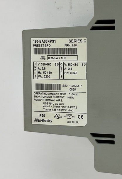 ALLEN BRADLEY 160-BA03NPS1 SPEED CONTROLLER SER.C FRN7.04 1HP .75KW 460V 2.8A