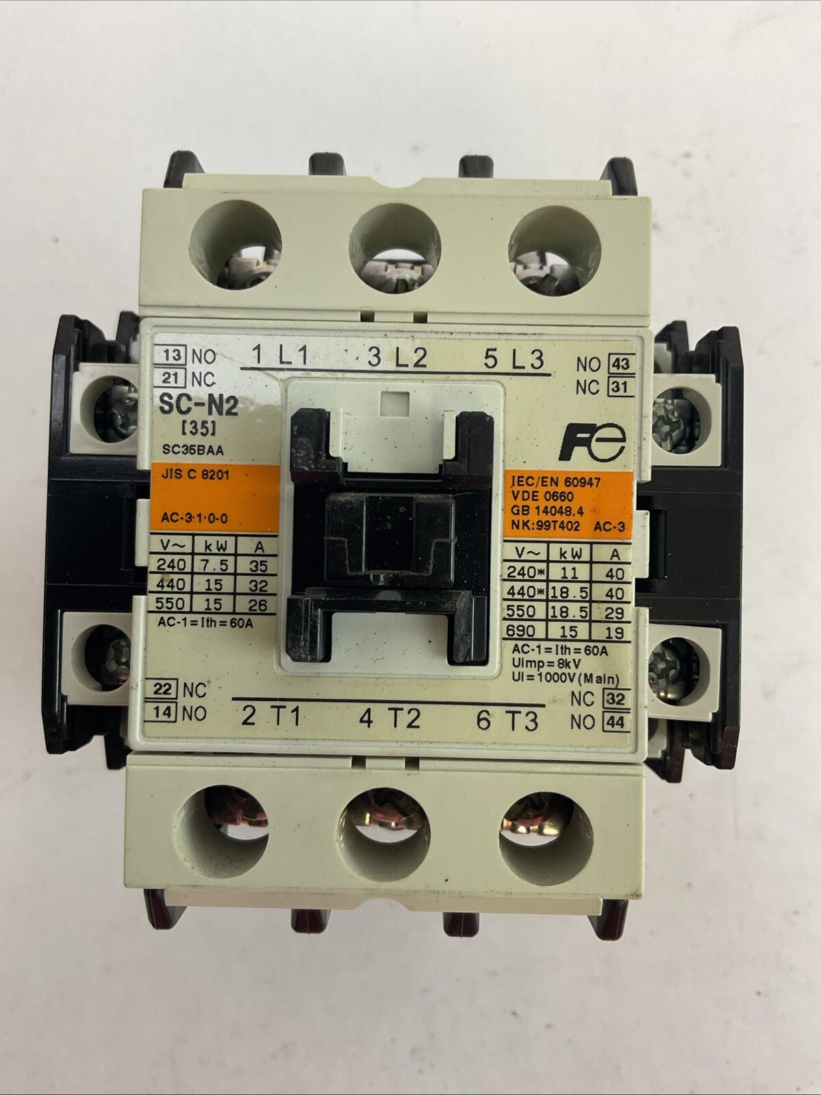 FUJI SC-N2 SC35BAA CONTACTOR 3NC1 600VAC 3PH 30HP 60A COIL 220-240V 60HZ