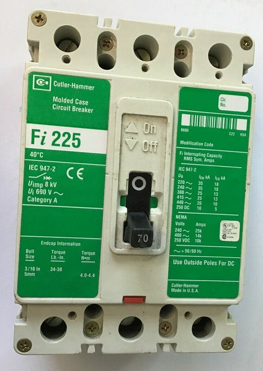 CUTLER HAMMER FI225 70A 480VAC/250VDC CIRCUIT BREAKER 50/60HZ
