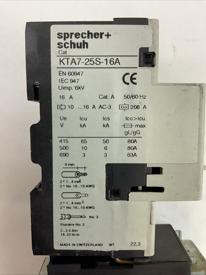 SPRECHER+SCHUH KTA7-25S-16A CIRCUIT BREAKER 10-16A CA7-16-01 CONTACTOR 277V COIL