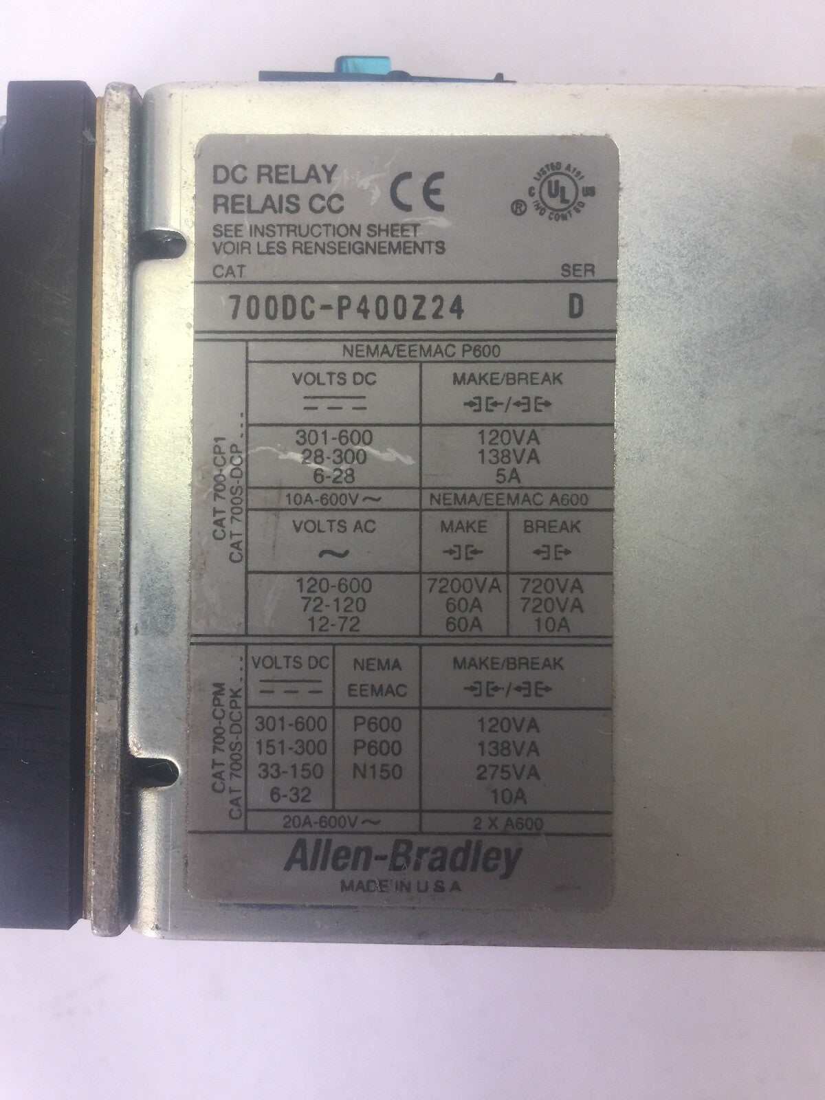 ALLEN BRADLEY 700DC-P400Z24 DC RELAY SER D 600V PD714 COIL 24VDC BULLETIN 700DC