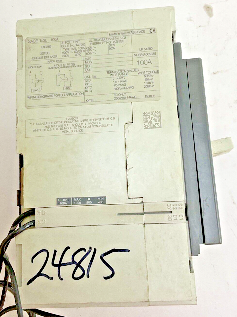 ABB SACE TS3L TMAX CIRCUIT BREAKER 100A  3POLE 600VAC