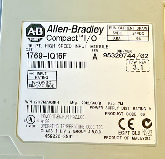 ALLEN BRADLEY 1769-IQ16F INPUT MODULE SER.A DIR/VER 95320744/02 FW REV: 3.1