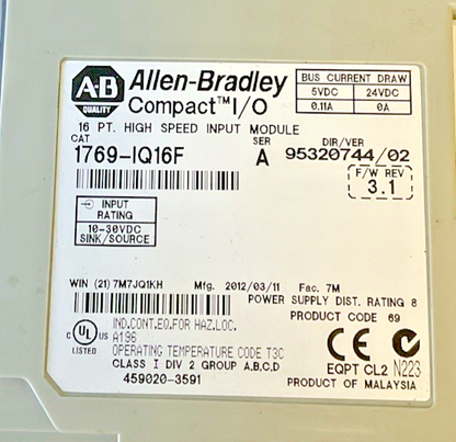 ALLEN BRADLEY 1769-IQ16F INPUT MODULE SER.A DIR/VER 95320744/02 FW REV: 3.1