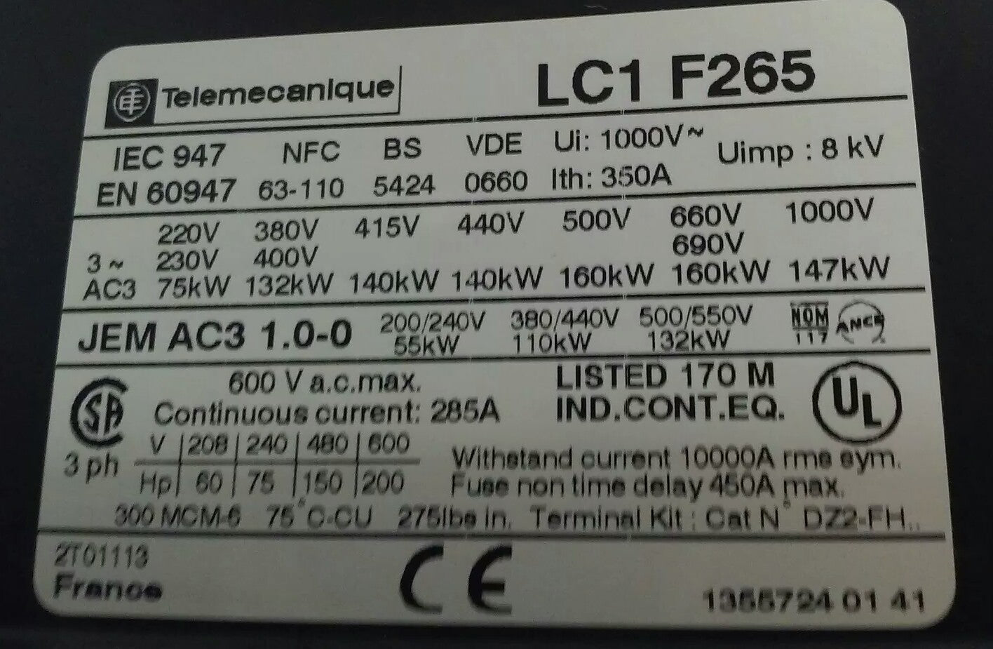 TELEMECANIQUE LC1F265 CONTACTOR, 3PH 600VAC 285A 200HP W/ 24V 40/400HZ  COIL