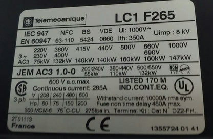 TELEMECANIQUE LC1F265 CONTACTOR, 3PH 600VAC 285A 200HP W/ 24V 40/400HZ  COIL
