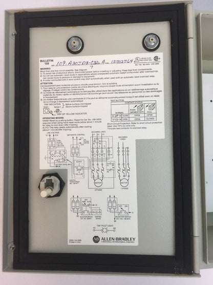 ALLEN BRADLEY 109-A30JD3-C32-7 TYPE 12 STARTER ENCLOSURE ONLY