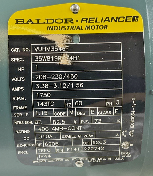 BALDOR VUHM3546T INDUSTRIAL MOTOR 1HP 60HZ 3PH 230/460V 1750RPM 3.38-3.12/1.56