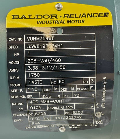 BALDOR VUHM3546T INDUSTRIAL MOTOR 1HP 60HZ 3PH 230/460V 1750RPM 3.38-3.12/1.56