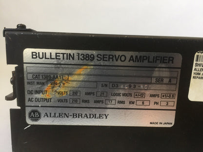 ALLEN BRADLEY 1389-AA17 SERVO AMPLIFIER SER A OUTPUT 210VAC 17A INPUT 310VDC 21A