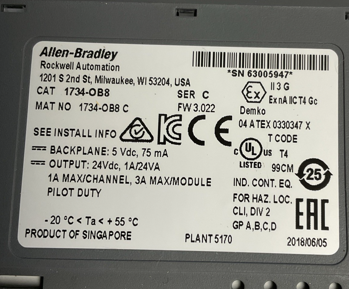 ALLEN BRADLEY 1734-OB8 OUTPUT MODULE SER.C FW3.022  W/1734-TOPS SER.A**LOTOF4**