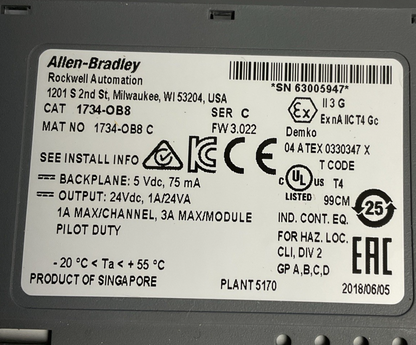 ALLEN BRADLEY 1734-OB8 OUTPUT MODULE SER.C FW3.022  W/1734-TOPS SER.A**LOTOF4**